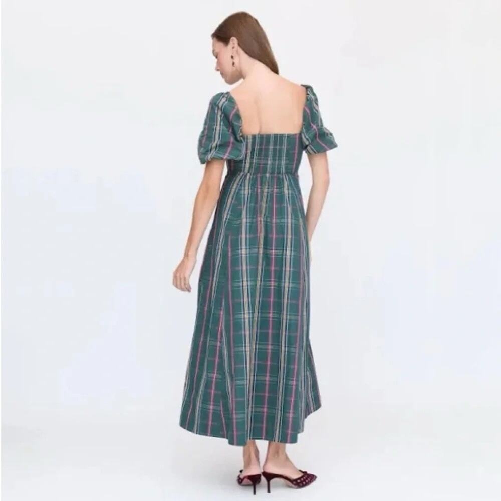 Hill House Matilda Dress Green Tartan Plaid Puff Sleeve Midi Size M - Picture 2 of 11